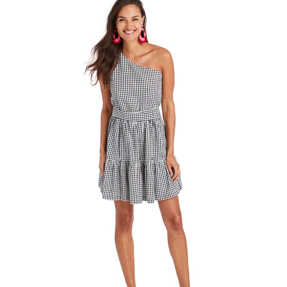 Vineyard Vines Gingham Seersucker One Shoulder Dress. Size 8.